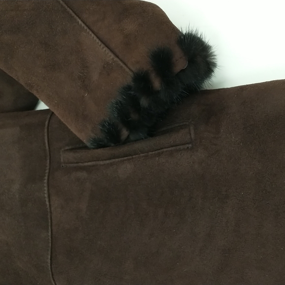 Authentic Shearling USA made Coat Long Jacket Dark Brown Suede Leather Fur Trim - Picture 16 of 16